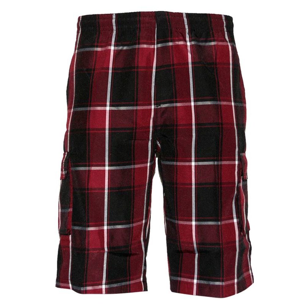Mens Plaid Cargo Shorts Multiple Pockets Drawstring Casual Lose Fit Red / Black